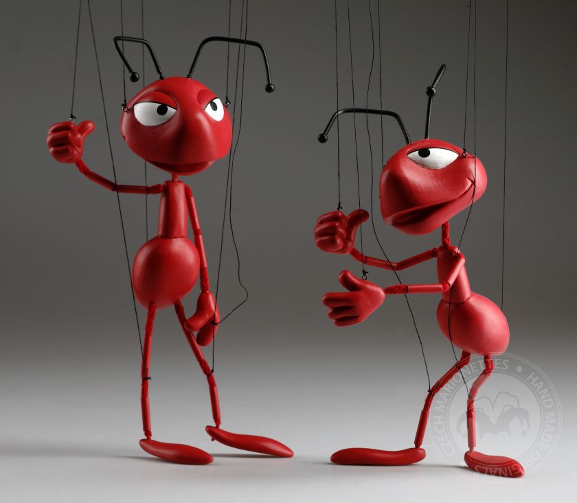 Two Red Ants - Wooden hand-carved top art marionettes