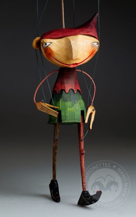 Playful sprite - wooden hand-carved marionette