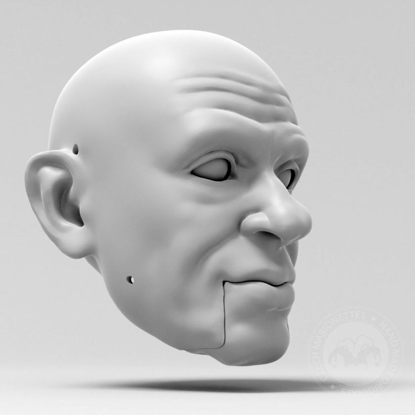 Starší pán, 3D model hlavy, pohyblivé oči a otevírací ústa, pro 3D tisk