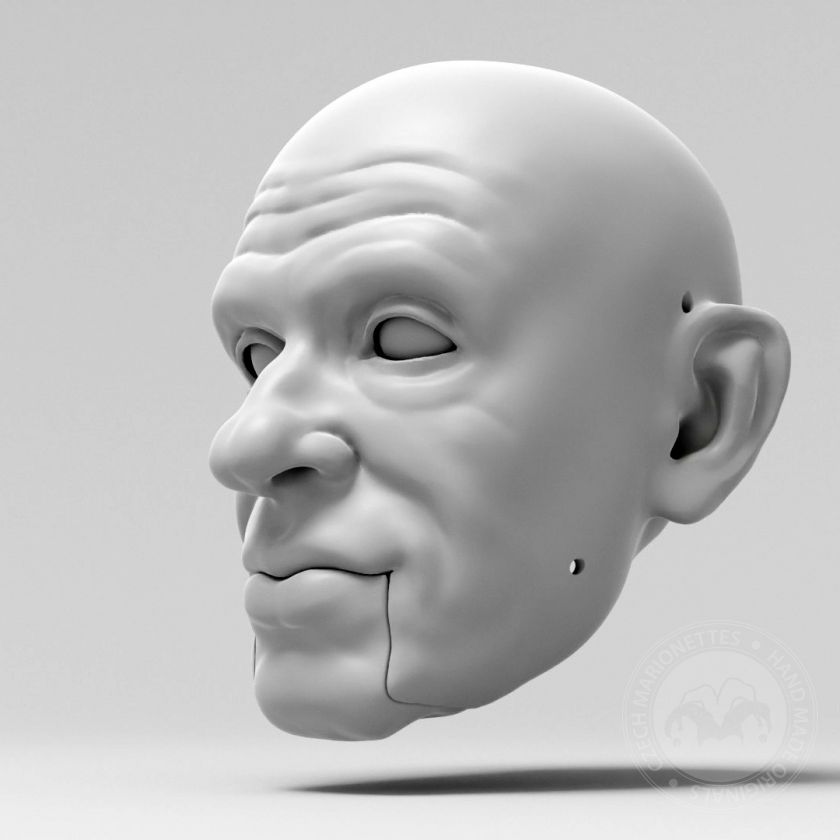Älterer Herr, 3D-Kopfmodell, bewegliche Augen und offener Mund, für 3D-Druck