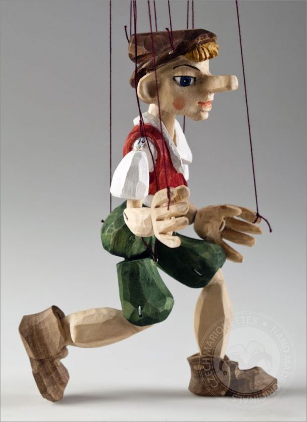 Burattino di Pinocchio intagliato a mano in legno di tiglio (taglia S)