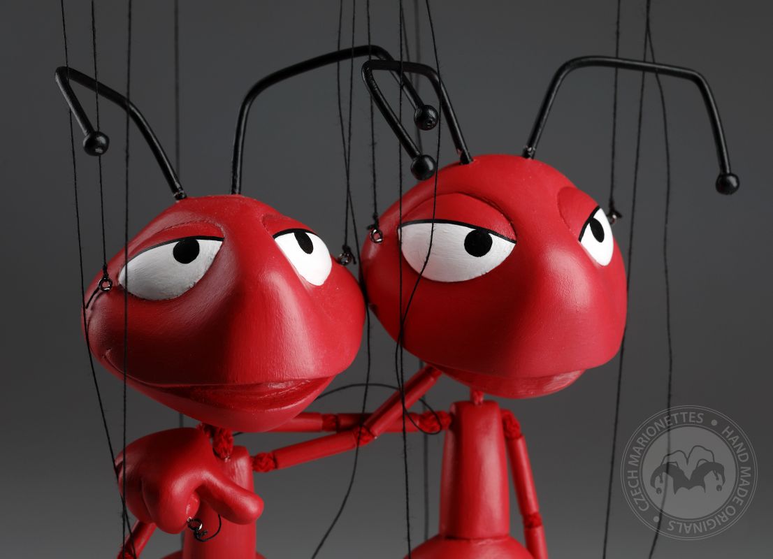 Two Red Ants - Wooden hand-carved top art marionettes 