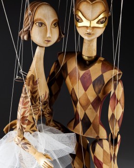 Harlequin and Ballerina wooden marionettes